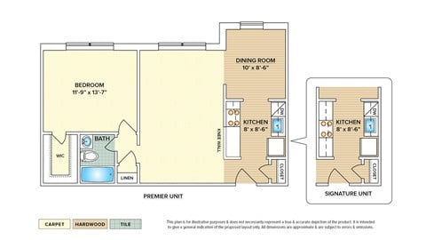 Floor plan for 1 bed, 1 bath, 756 sqft